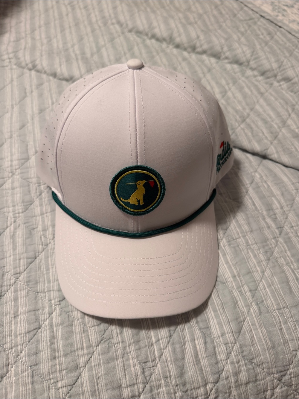 White Men’s Baseball Cap with Green Trim and Retriever Patch